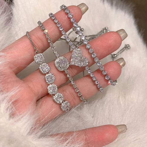 Adjustable Glass Bead Zircon Heart Wave Bangle For Women Light Luxury Fashion Jewelry