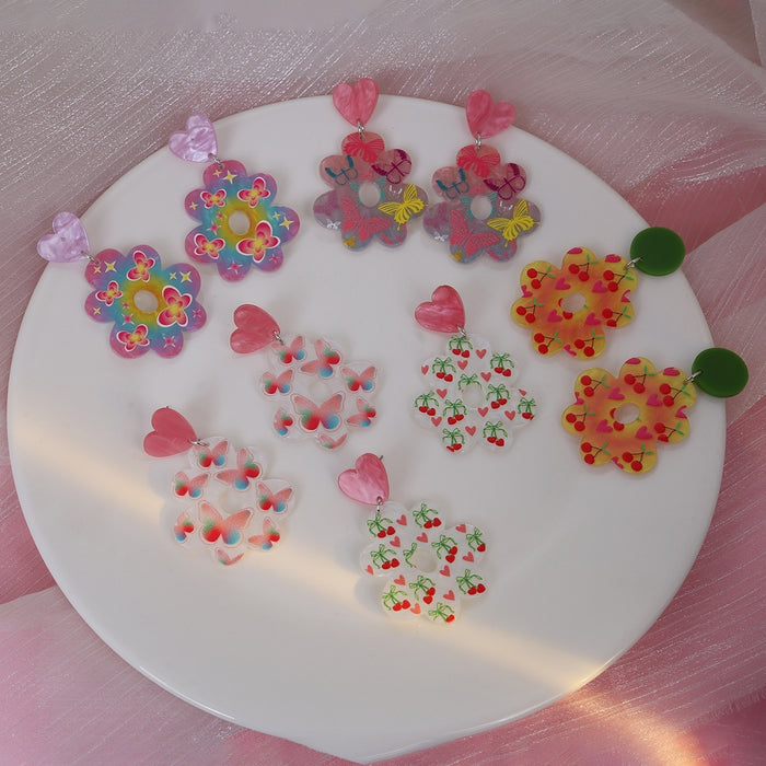 Sweet Acrylic Butterfly Cherry Flower Wreath Heart Stud Drop Earrings For Summer Fashion Earrings