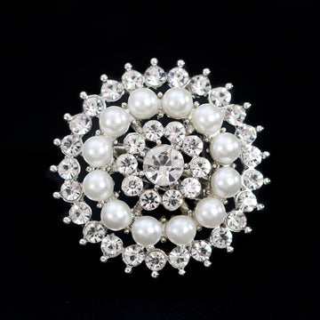 Black Silver Tone Sunflower Crystal Pearl Look Metal Brooch Pin