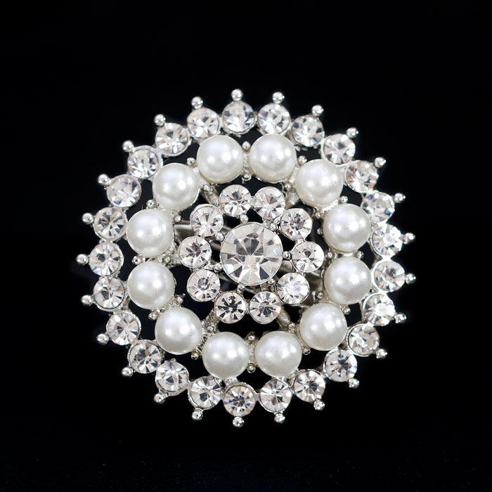 Black Silver Tone Sunflower Crystal Pearl Look Metal Brooch Pin