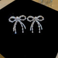 Faux Pearl Rhinestone Bow Stud Earrings With Silver Pins, Chic Sweet Cool Fashion Jewelry view 4