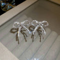 Faux Pearl Rhinestone Bow Stud Earrings With Silver Pins, Chic Sweet Cool Fashion Jewelry view 2
