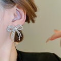 Faux Pearl Rhinestone Bow Stud Earrings With Silver Pins, Chic Sweet Cool Fashion Jewelry view 3
