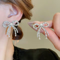 Faux Pearl Rhinestone Bow Stud Earrings With Silver Pins, Chic Sweet Cool Fashion Jewelry view 1