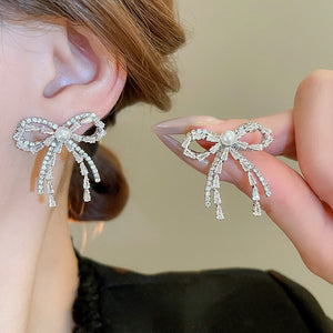 Faux Pearl Rhinestone Bow Stud Earrings With Silver Pins, Chic Sweet Cool Fashion Jewelry