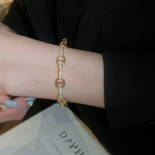 Gold Plated Copper Oval Bangle With Sparkling Zircon Luxury Fashion Statement Jewelry