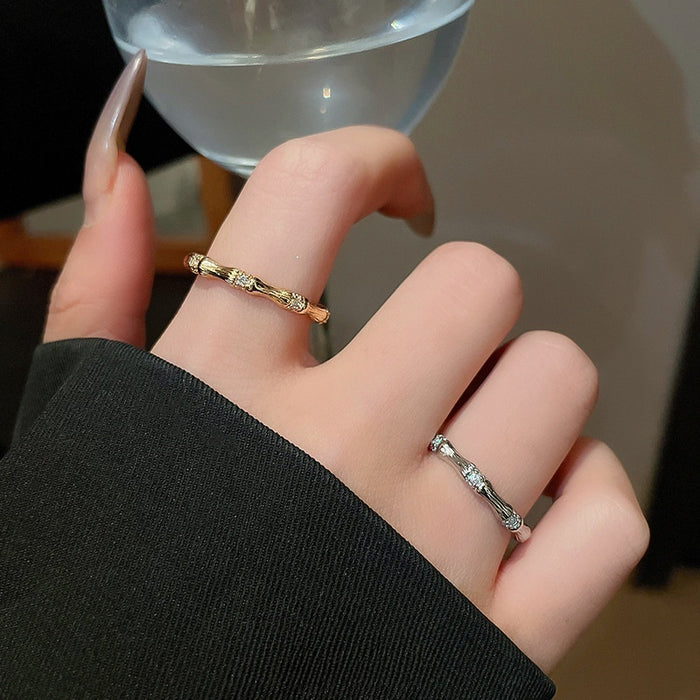 Gold Plated Copper Zircon Bamboo Joint Open Ring For Women New Chinese Geometric Style