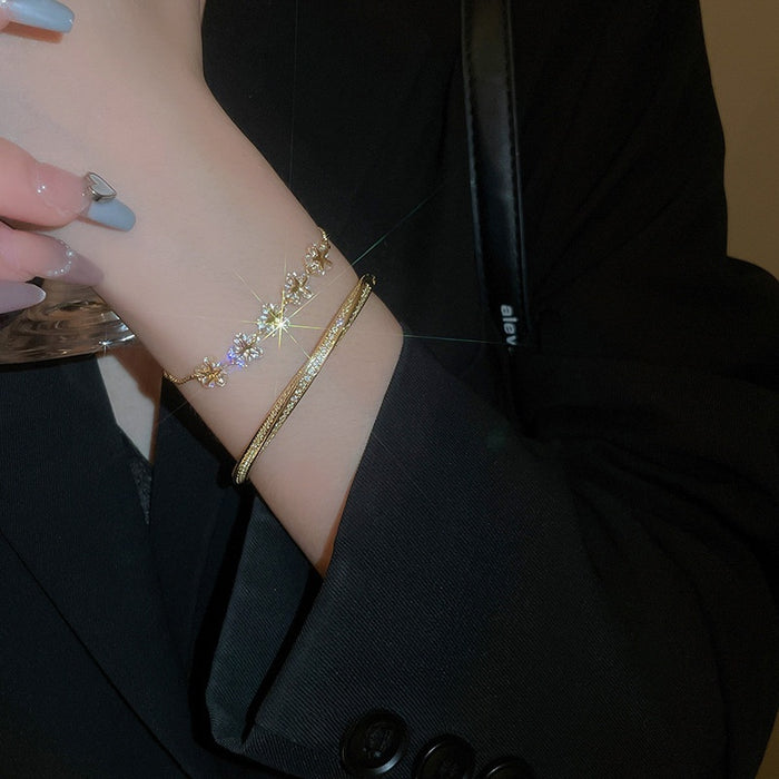 Gold Plated Copper Flower Star Zircon Bangle, Chic Luxury Fashion Bracelet Jewelry