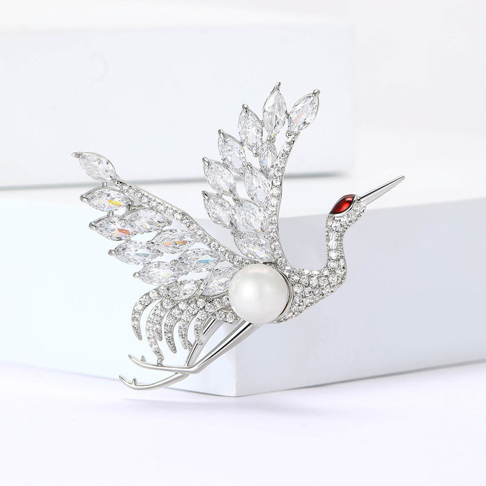 Copper Zircon Crane Brooch For Artistic Women's Suit Decoration