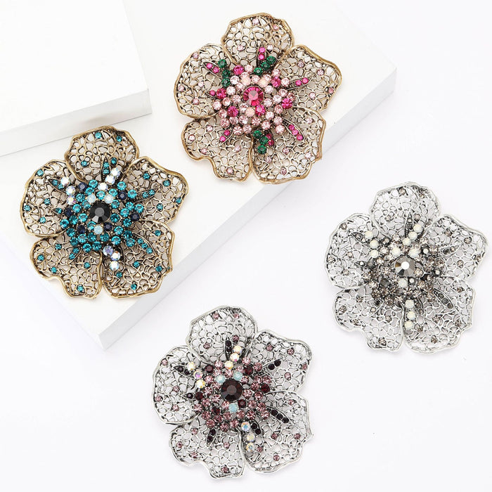 Alloy Rhinestone Flower Brooch Pin For Blazers Shawls And Coats