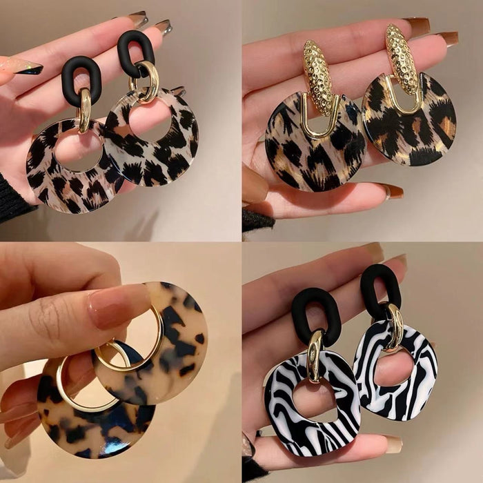 Chic Acrylic Leopard Print Star Hoop Earrings With Gold Plated Geometric Dangle And Silver Pins