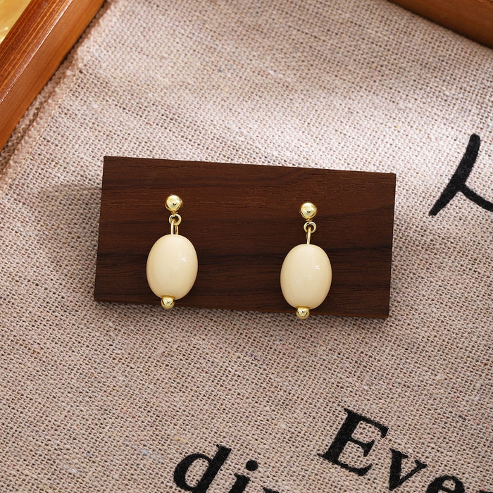 Elegant Vintage Milk White Oval Acrylic Bead Gold Alloy Geometric Drop Stud Earrings