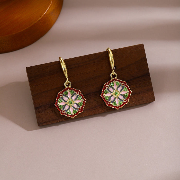 Vintage Chinese Style Enamel Rhinestone Geometric Round Floral Luxury Dangle Hoop Earrings