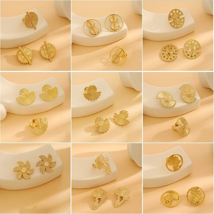 European Exaggerated Geometric Hollow Round Ring Earrings Irregular Metal Two Piece Set