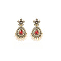 Vintage Luxury Hollow Alloy Rhinestone Flower Teardrop Red Crystal Pearl Tassel Dangle Earrings view 5