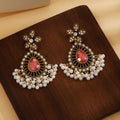 Vintage Luxury Hollow Alloy Rhinestone Flower Teardrop Red Crystal Pearl Tassel Dangle Earrings view 4