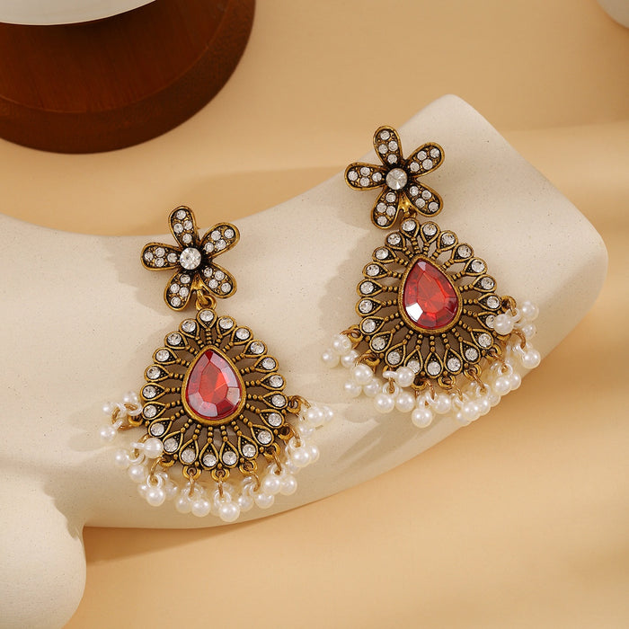 Vintage Luxury Hollow Alloy Rhinestone Flower Teardrop Red Crystal Pearl Tassel Dangle Earrings