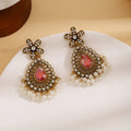 Vintage Luxury Hollow Alloy Rhinestone Flower Teardrop Red Crystal Pearl Tassel Dangle Earrings view 2
