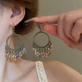 Bohemian Faux Leather Floral Tassel Drop Earrings Vintage Ethnic Beaded Long Vacation Jewelry view 4