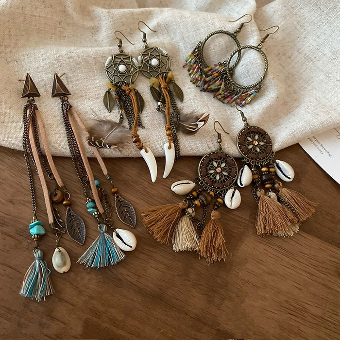 Bohemian Faux Leather Floral Tassel Drop Earrings Vintage Ethnic Beaded Long Vacation Jewelry