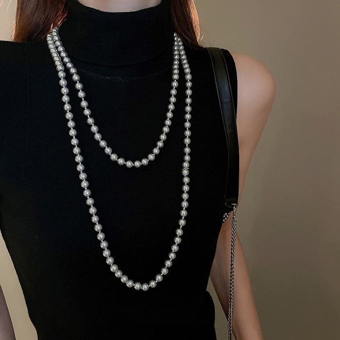 French Light Luxury Extra Long Layered Faux Pearl Round Bead Collarbone Necklace