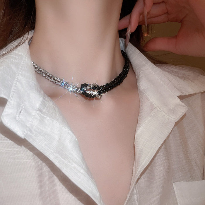 Y2K Black White Faux Crystal Alloy Necklace With Geometric Rope Knot Design Sweet Cool Choker