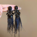 Dark Sweet Cool Alloy Rhinestone Flower Feather Long Tassel Drop Earrings view 4
