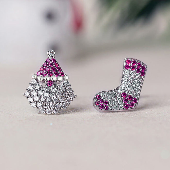 Christmas Asymmetric Cute Stud Earrings For Women, Micro Paved Zircon Festive Fashion Jewelry