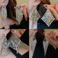 Chic Faux Pearl Full Rhinestone Triangle Geometric Tassel Drop Earrings With Silver Posts view 2