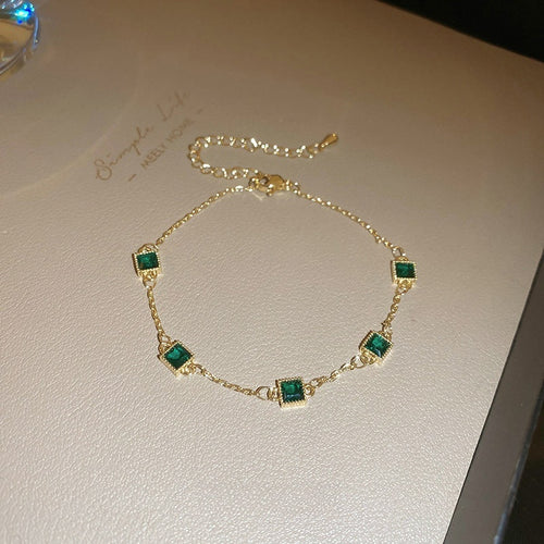Gold Plated Copper Square Emerald Cubic Zirconia Geometric Luxury Bangle Bracelet