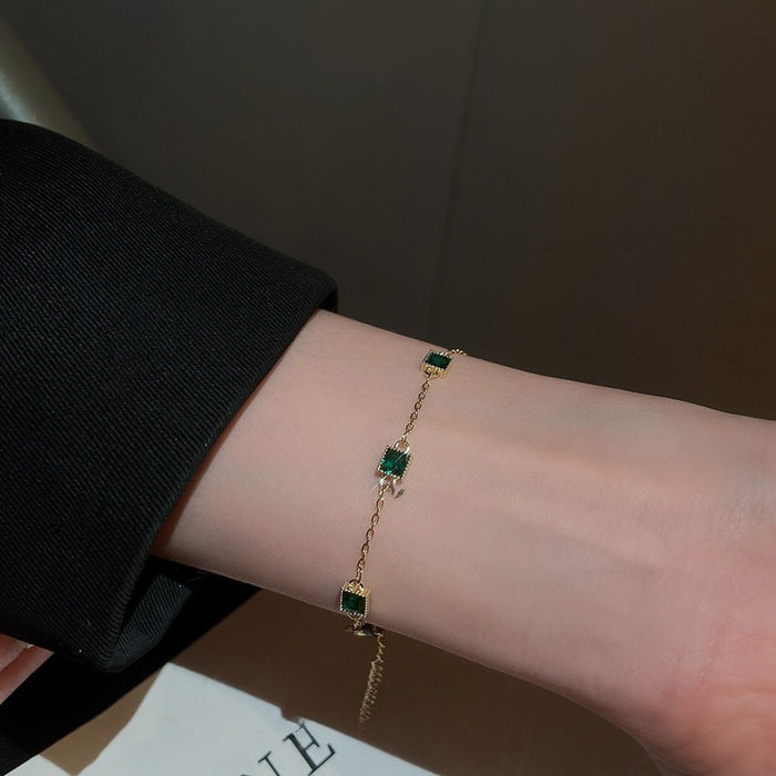 Gold Plated Copper Square Emerald Cubic Zirconia Geometric Luxury Bangle Bracelet