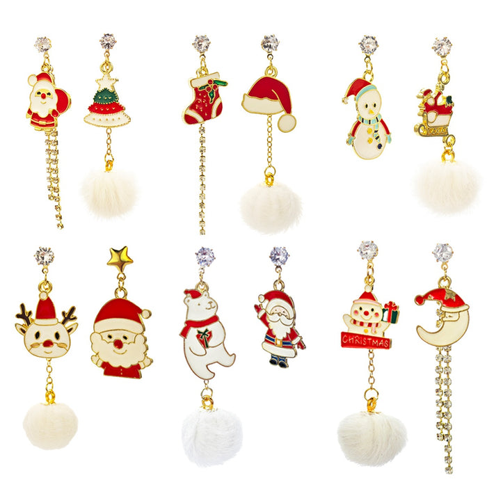 Christmas Cartoon Enamel Rhinestone Reindeer Snowman Santa Pom Pom Asymmetric Drop Earrings
