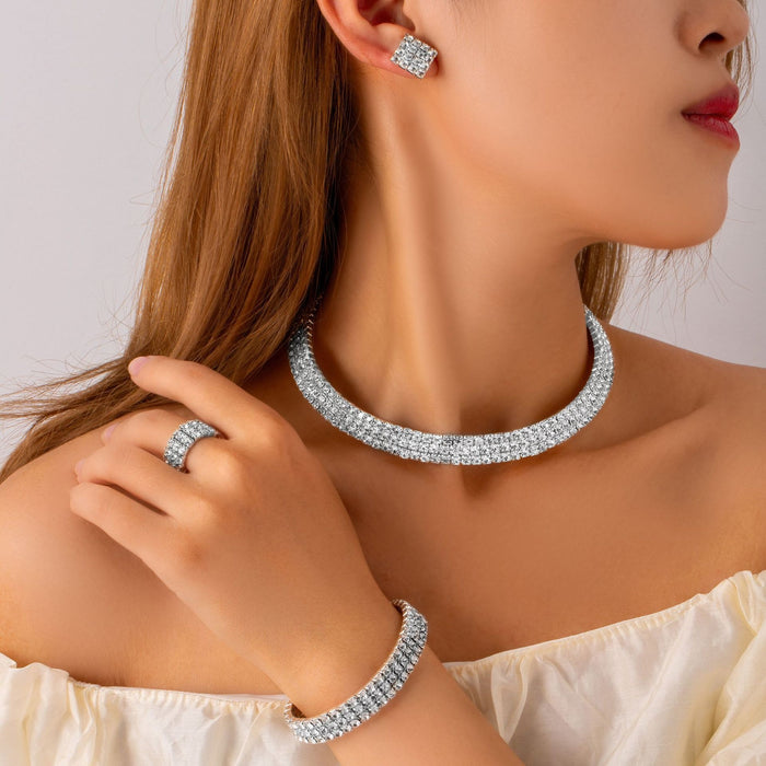 Luxury Square Full Rhinestone Stud Earrings For Women Elegant Multi Row Crystal Jewelry Set Earrings