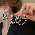 Chic Leopard Print Faux Leather Wrapped Hoop Earrings With Silver Needle Retro Geometric Design view 2