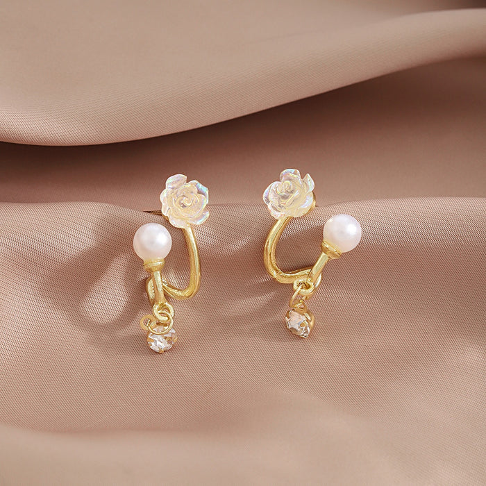 Elegant Korean Luxury Gold Alloy Rose Flower Pearl Rhinestone Crystal Dangle Stud Women's Earrings