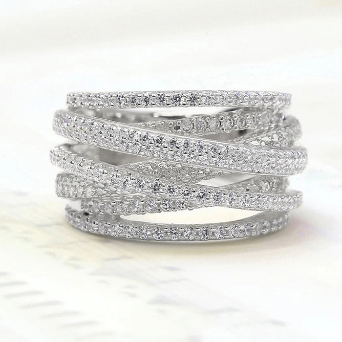 Trendy Multi Layer Cross Line Women's Ring With Micro Pave Zircon Engagement Gift