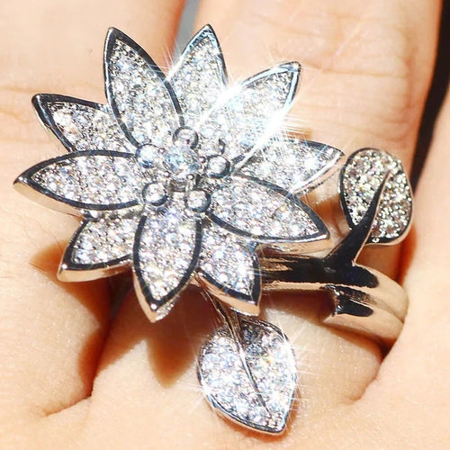 European American Micro Pave Flower Leaf Open Adjustable Ring For Women, Fashion Jewelry
