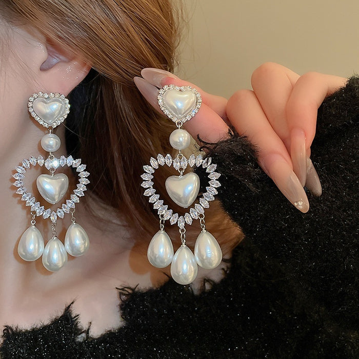 Chic Copper Heart Waterdrop Drop Earrings With Faux Pearl And Full Rhinestone Princess Style