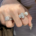 Cubic Zirconia Faux Pearl Flower Open Ring Light Luxury Elegant Adjustable Index Ring view 4
