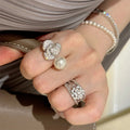 Cubic Zirconia Faux Pearl Flower Open Ring Light Luxury Elegant Adjustable Index Ring view 1