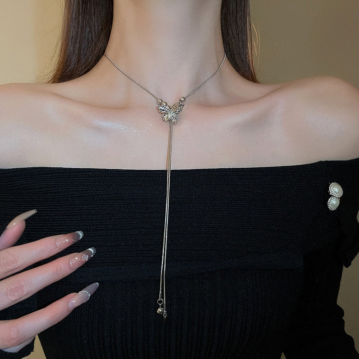Silver Alloy Adjustable Butterfly Bead Tassel Sweater Necklace, Light Luxury Women's Jewelry