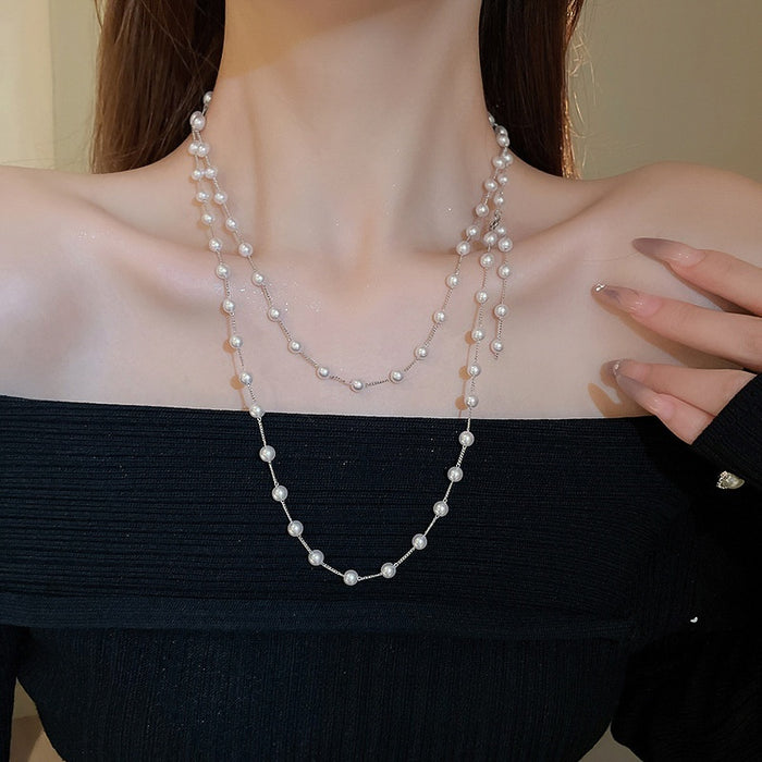 Faux Pearl Beaded Layered Sweater Necklace For Women, French Vintage Light Luxury Round Geometric Design