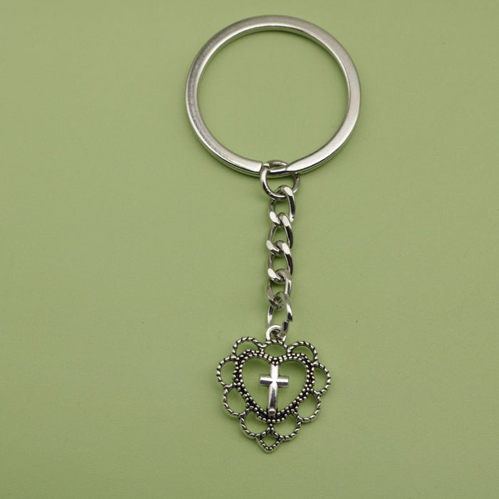 Metal Heart Cross Keychain Religious Bag Charm Key Ring