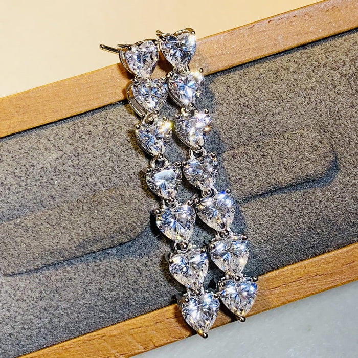 Heart Long Chain Drop Earrings For Women With Sparkling Zircon, Thin Fashion Gift Jewelry