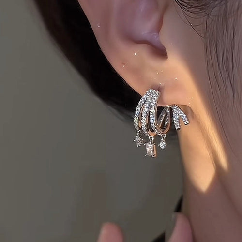 Sparkling Micro Paved Zircon Line Stud Earrings With Quadrilateral Geometric Pendant