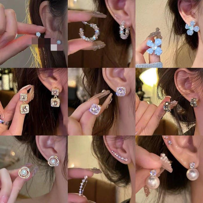 Light Luxury Zinc Alloy Square Pearl Stud Earrings With Rhinestone Halo For Commuter Style