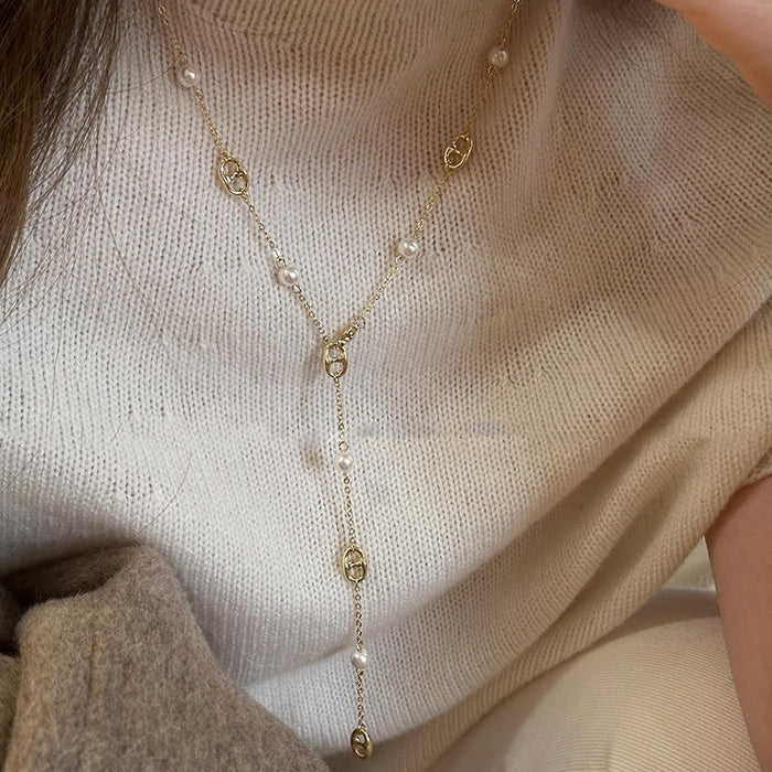 Gold Plated Copper Faux Pearl Pig Nose Pendant Clavicle Necklace For Women
