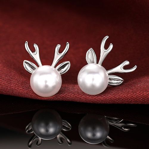 Cute Faux Pearl Antler Stud Earrings For Women, Fashion Christmas Jewelry Accessory Gift