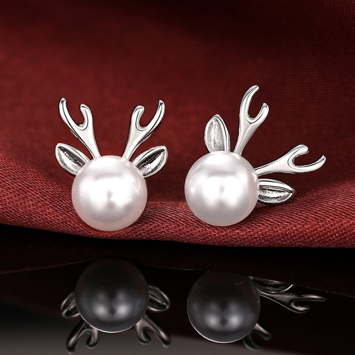 Cute Faux Pearl Antler Stud Earrings For Women, Fashion Christmas Jewelry Accessory Gift