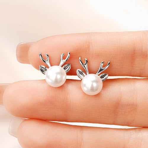Cute Faux Pearl Antler Stud Earrings For Women, Fashion Christmas Jewelry Accessory Gift
